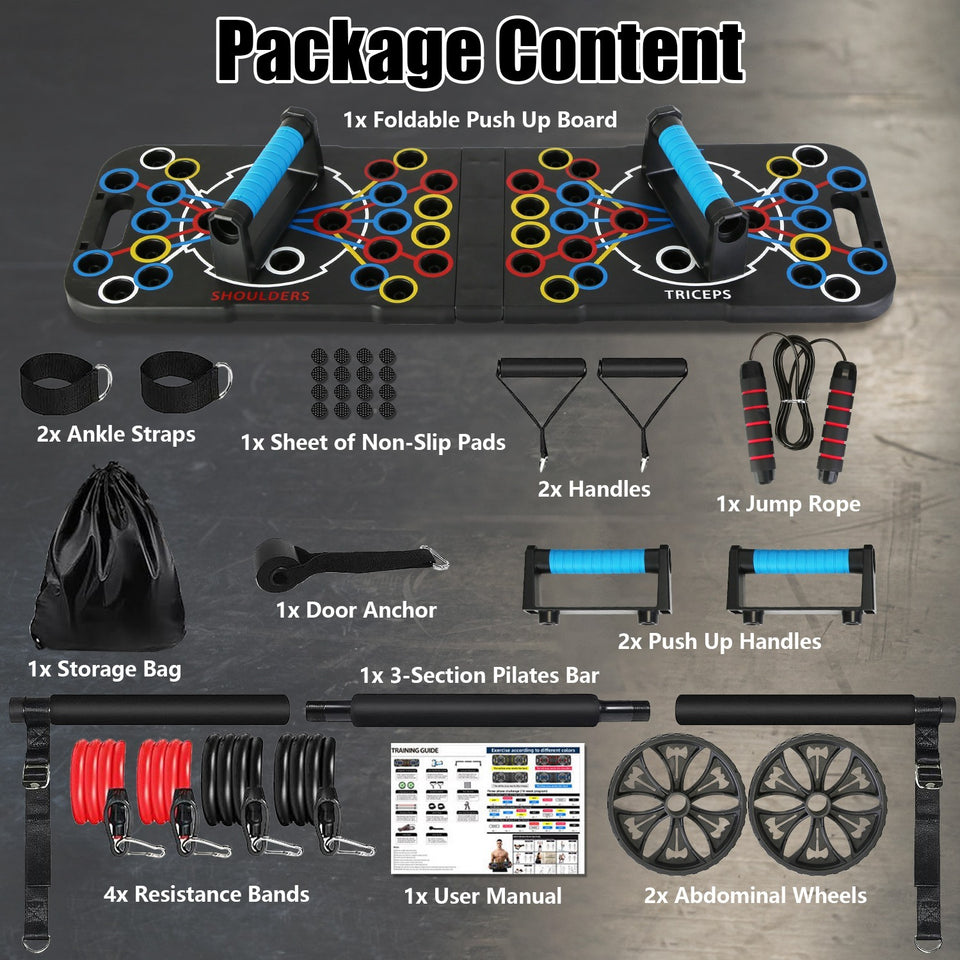 Multifunctional Push Up Board Set | Full Body Home Gym Equipment with Resistance Bands, Pilates Bar & Roller Wheel