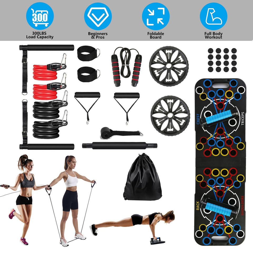 Multifunctional Push Up Board Set | Full Body Home Gym Equipment with Resistance Bands, Pilates Bar & Roller Wheel